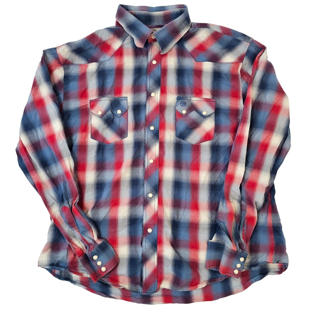 Wrangler Mens Plaid‎ Pearl Snap Western Shirt Red White Blue Long Sleeve L